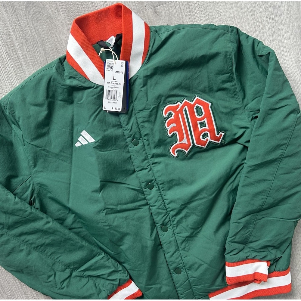 Men's Adidas Miami Hurricanes Coaches Dugout Jacket Dark Green JM9976 Size XL